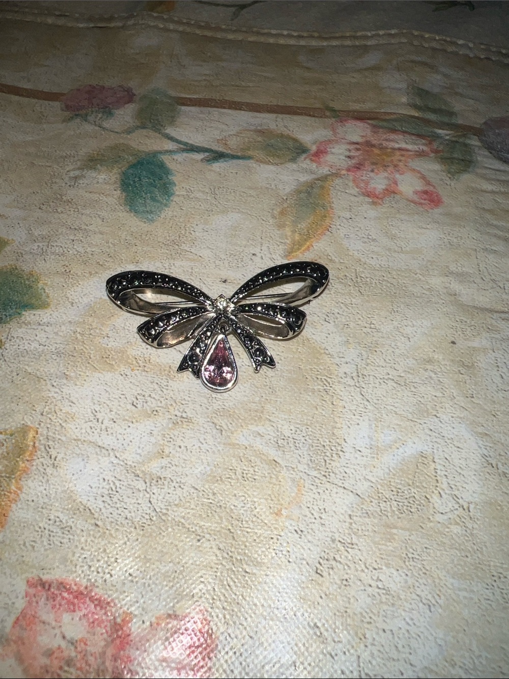 Silver Bow Pendant Brooch with Pink Teardrop Stone